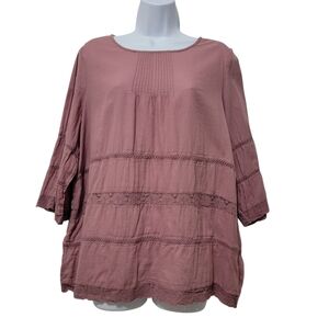 LOGO | Cotton Lace Trim Pleated Neck 3/4 Sleeve Top Plus Size Mauve Pink Boho